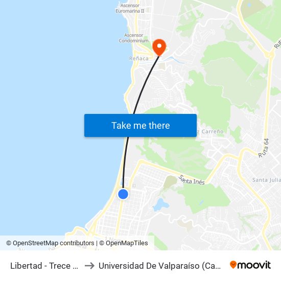 Libertad - Trece 1 / 2 Norte to Universidad De Valparaíso (Campus De La Salud) map