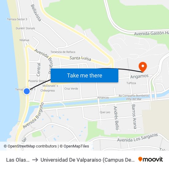 Las Olas, 16 to Universidad De Valparaíso (Campus De La Salud) map