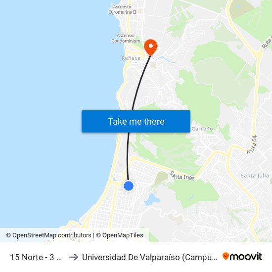 15 Norte - 3 Oriente to Universidad De Valparaíso (Campus De La Salud) map