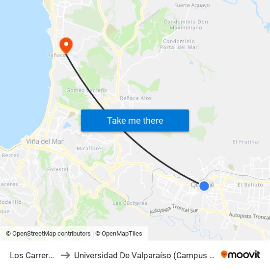 Los Carrera 981 to Universidad De Valparaíso (Campus De La Salud) map