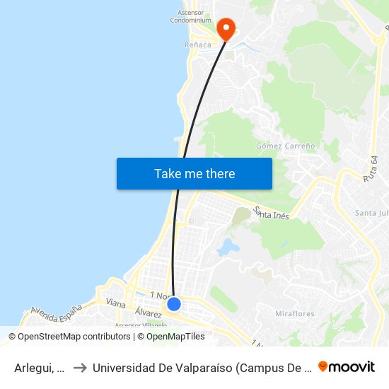 Arlegui, 861 to Universidad De Valparaíso (Campus De La Salud) map