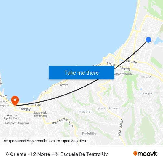 6 Oriente - 12 Norte to Escuela De Teatro Uv map