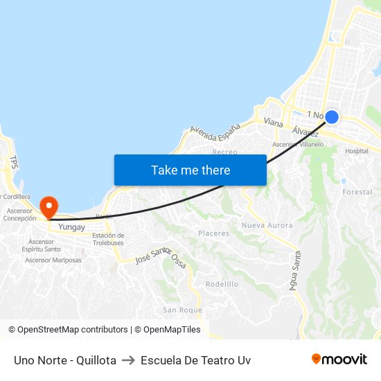 Uno Norte - Quillota to Escuela De Teatro Uv map