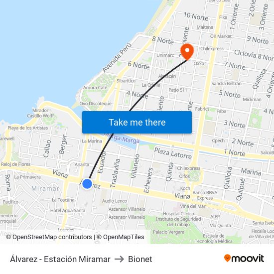 Álvarez - Estación Miramar to Bionet map