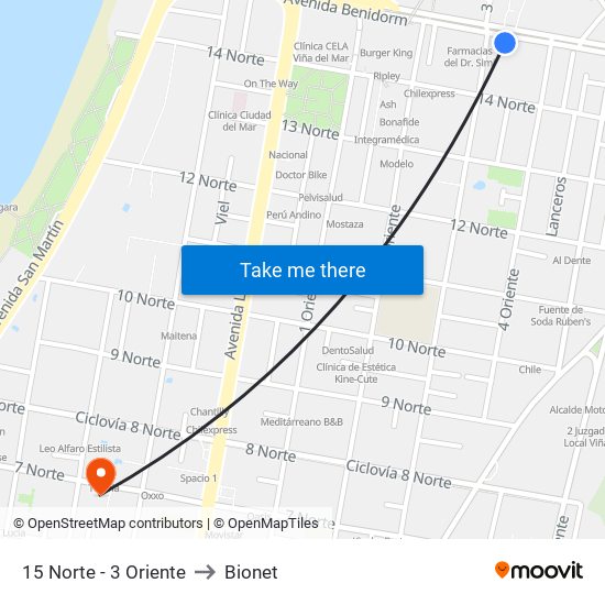 15 Norte - 3 Oriente to Bionet map