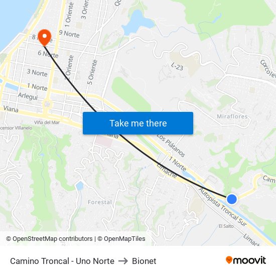Camino Troncal - Uno Norte to Bionet map