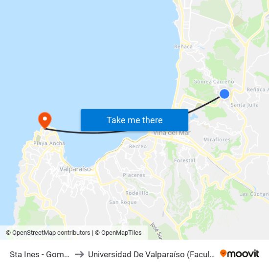 Sta Ines - Gomez Carreño to Universidad De Valparaíso (Facultad De Odontología) map
