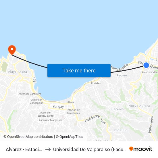 Álvarez - Estación Miramar to Universidad De Valparaíso (Facultad De Odontología) map