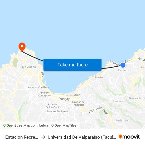 Estacion Recreo / Oriente to Universidad De Valparaíso (Facultad De Odontología) map