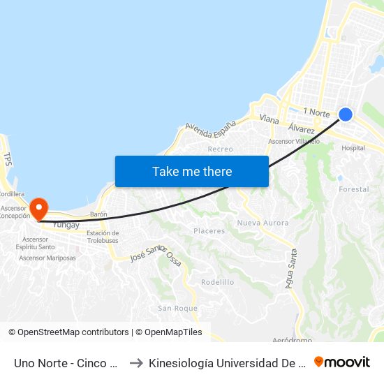 Uno Norte - Cinco 1 / 2 Ote to Kinesiología Universidad De Valparaíso map
