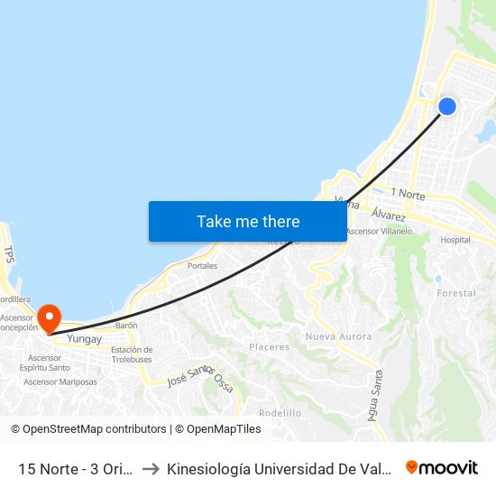 15 Norte - 3 Oriente to Kinesiología Universidad De Valparaíso map