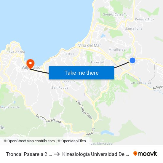 Troncal Pasarela 2 / Norte to Kinesiología Universidad De Valparaíso map
