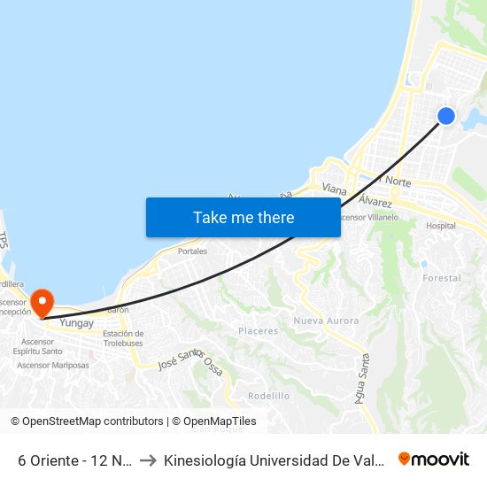 6 Oriente - 12 Norte to Kinesiología Universidad De Valparaíso map