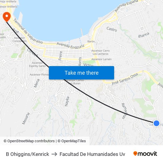 B Ohiggins/Kenrick to Facultad De Humanidades Uv map