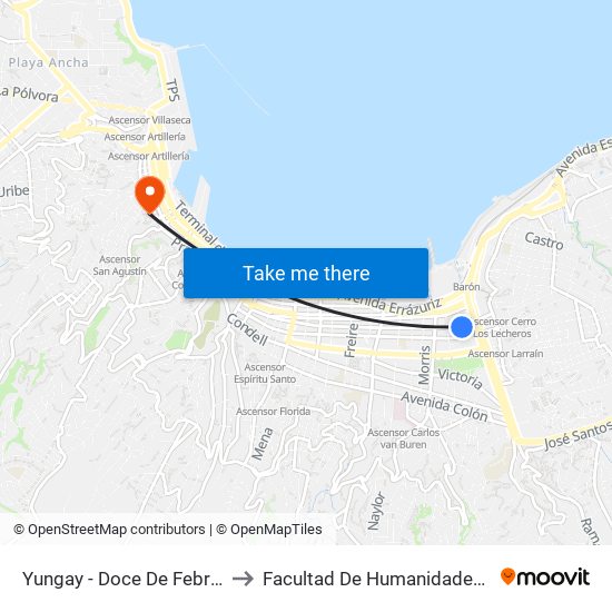 Yungay - Doce De Febrero to Facultad De Humanidades Uv map