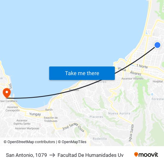 San Antonio, 1079 to Facultad De Humanidades Uv map