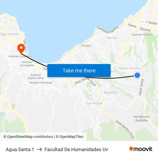 Agua Santa 1 to Facultad De Humanidades Uv map