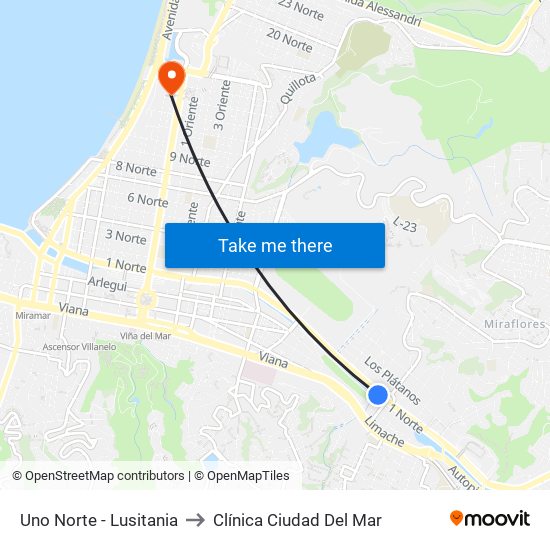 Uno Norte - Lusitania to Clínica Ciudad Del Mar map