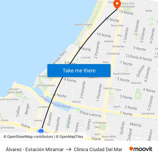 Álvarez - Estación Miramar to Clínica Ciudad Del Mar map