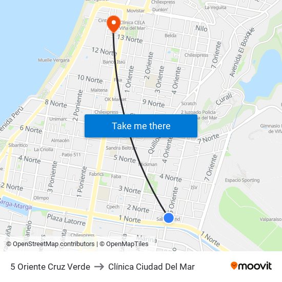 5 Oriente Cruz Verde to Clínica Ciudad Del Mar map