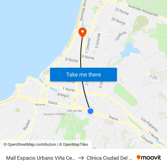 Mall Espacio Urbano Viña Centro to Clínica Ciudad Del Mar map