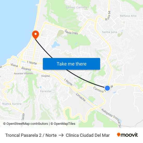 Troncal Pasarela 2 / Norte to Clínica Ciudad Del Mar map