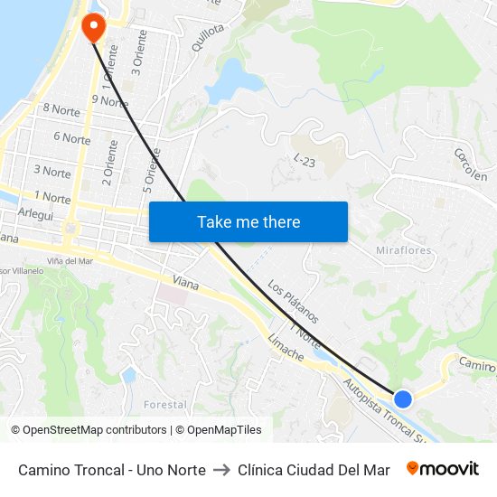 Camino Troncal - Uno Norte to Clínica Ciudad Del Mar map