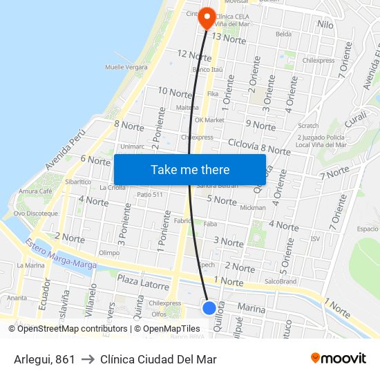 Arlegui, 861 to Clínica Ciudad Del Mar map