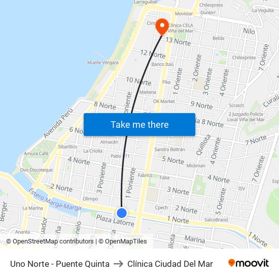 Uno Norte - Puente Quinta to Clínica Ciudad Del Mar map