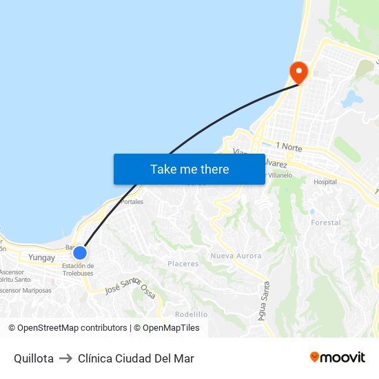 Quillota to Clínica Ciudad Del Mar map