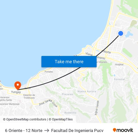 6 Oriente - 12 Norte to Facultad De Ingeniería Pucv map