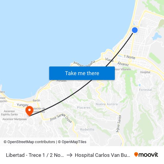 Libertad - Trece 1 / 2 Norte to Hospital Carlos Van Buren map