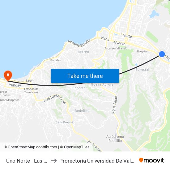 Uno Norte - Lusitania to Prorectoría Universidad De Valparaíso map