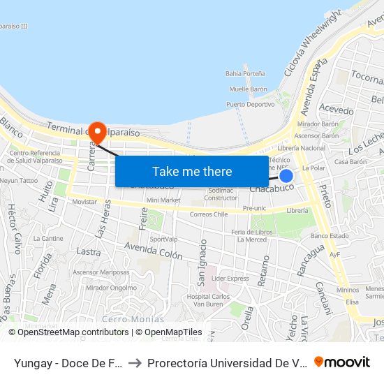 Yungay - Doce De Febrero to Prorectoría Universidad De Valparaíso map