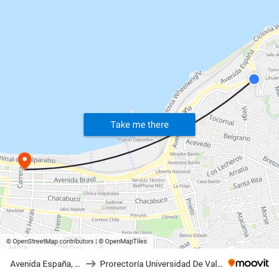 Avenida España, 1139 to Prorectoría Universidad De Valparaíso map