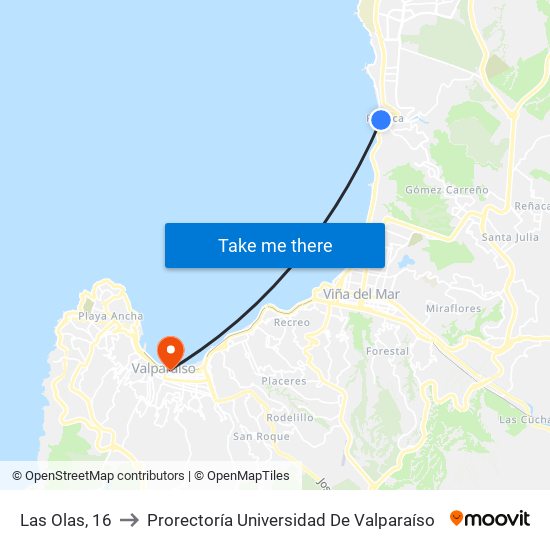 Las Olas, 16 to Prorectoría Universidad De Valparaíso map
