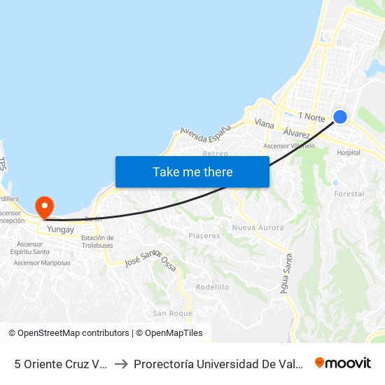 5 Oriente Cruz Verde to Prorectoría Universidad De Valparaíso map