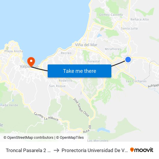 Troncal Pasarela 2 / Norte to Prorectoría Universidad De Valparaíso map
