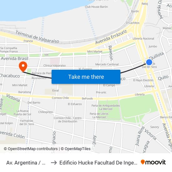 Av. Argentina / Pje Quillota to Edificio Hucke Facultad De Ingeniería U. De Valpa. map