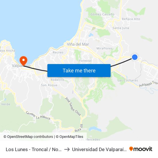 Los Lunes - Troncal / Norte to Universidad De Valparaíso map