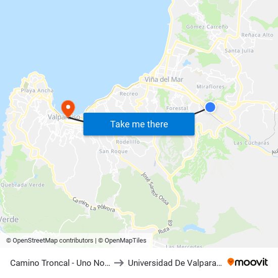 Camino Troncal - Uno Norte to Universidad De Valparaíso map