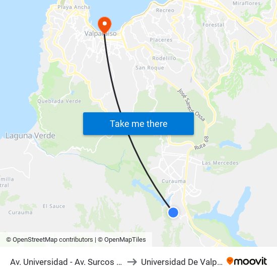 Av. Universidad - Av. Surcos De Agua to Universidad De Valparaíso map
