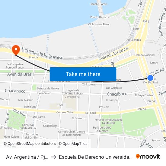 Av. Argentina / Pje Quillota to Escuela De Derecho Universidad De Valparaíso map