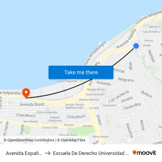 Avenida España, 1139 to Escuela De Derecho Universidad De Valparaíso map