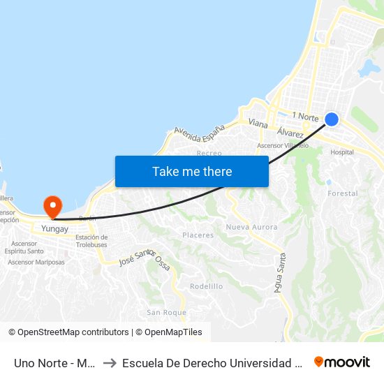 Uno Norte - Mercado to Escuela De Derecho Universidad De Valparaíso map