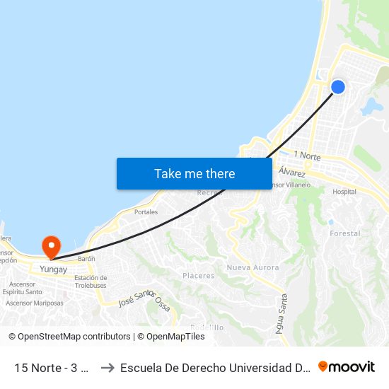 15 Norte - 3 Oriente to Escuela De Derecho Universidad De Valparaíso map