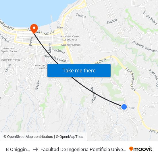 B Ohiggins/Kenrick to Facultad De Ingeniería Pontificia Universidad Católica De Valparaíso map