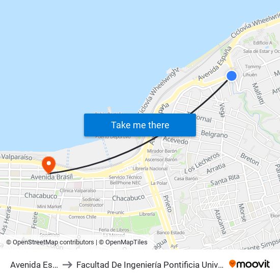 Avenida España, 1139 to Facultad De Ingeniería Pontificia Universidad Católica De Valparaíso map