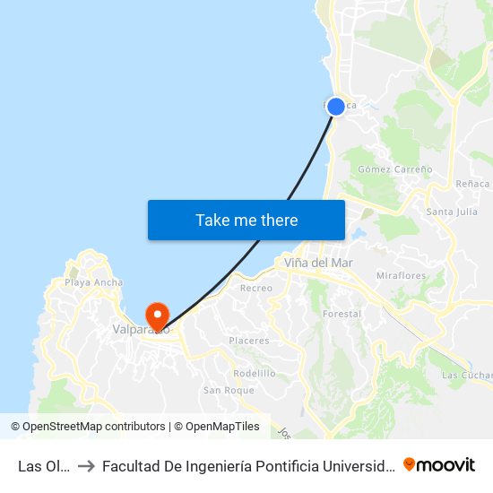 Las Olas, 16 to Facultad De Ingeniería Pontificia Universidad Católica De Valparaíso map