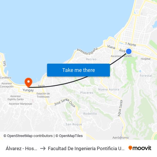 Álvarez - Hospital Clinico Ist to Facultad De Ingeniería Pontificia Universidad Católica De Valparaíso map